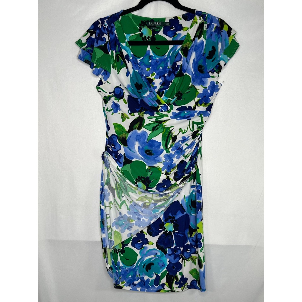 Lauren Ralph Lauren Blue Green Floral Faux Wrap Sheath Dress Size 14 - Picture 9 of 9